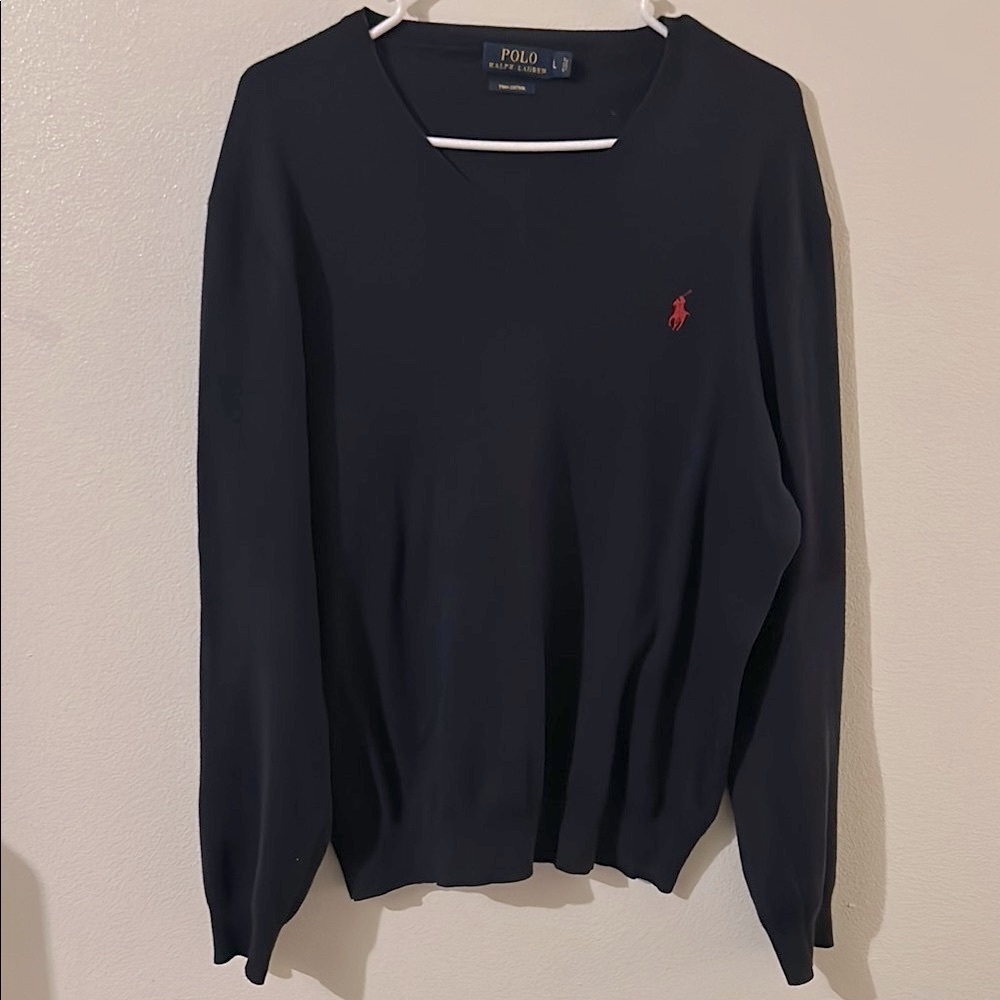 Polo by Ralph Lauren Classic Lightweight Navy Blue V-Neck Pima Cotton Sweater..L